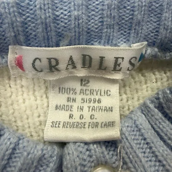 Vintage Baby Cardigan Sweater Train Knit 12 Months Blue White Cradles Sweet - Picture 6 of 7